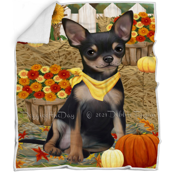 Fall Autumn Greeting Chihuahua Dog with Pumpkins Blanket BLNKT72633
