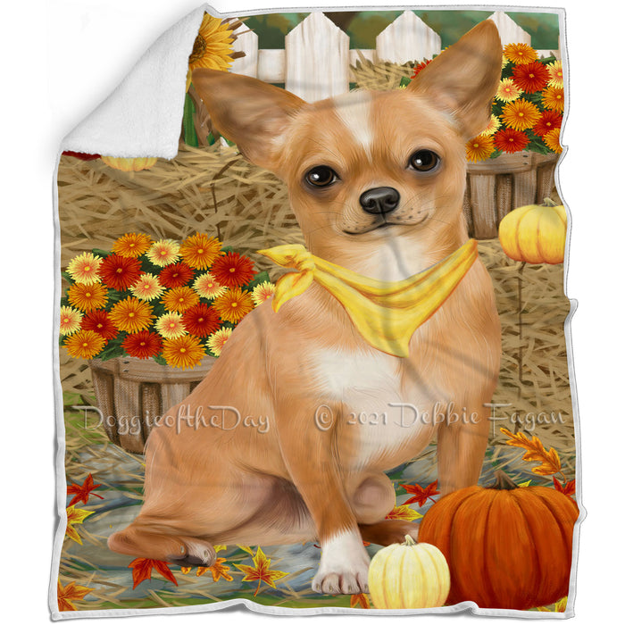 Fall Autumn Greeting Chihuahua Dog with Pumpkins Blanket BLNKT72642