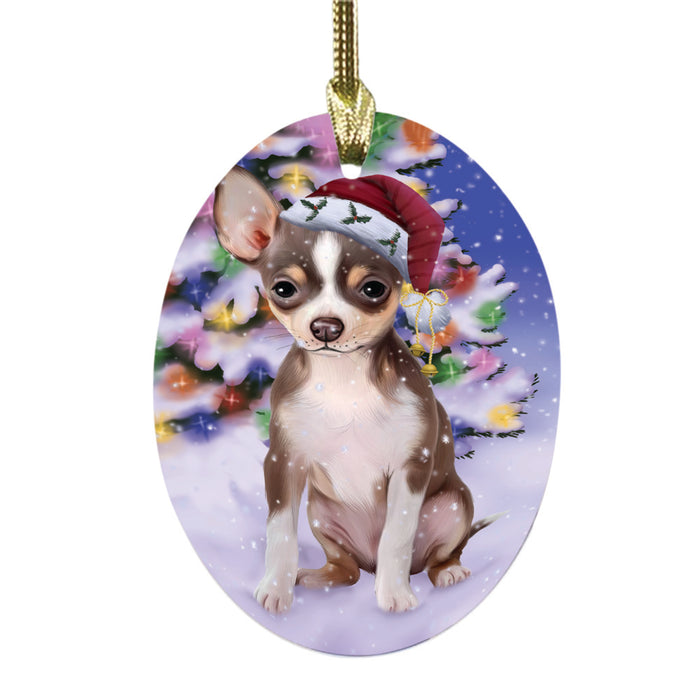 Winterland Wonderland Chihuahua Dog In Christmas Holiday Scenic Background Oval Glass Christmas Ornament OGOR49552