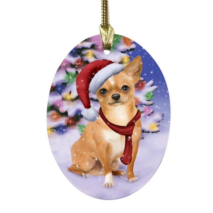 Winterland Wonderland Chihuahua Dog In Christmas Holiday Scenic Background Oval Glass Christmas Ornament OGOR49553