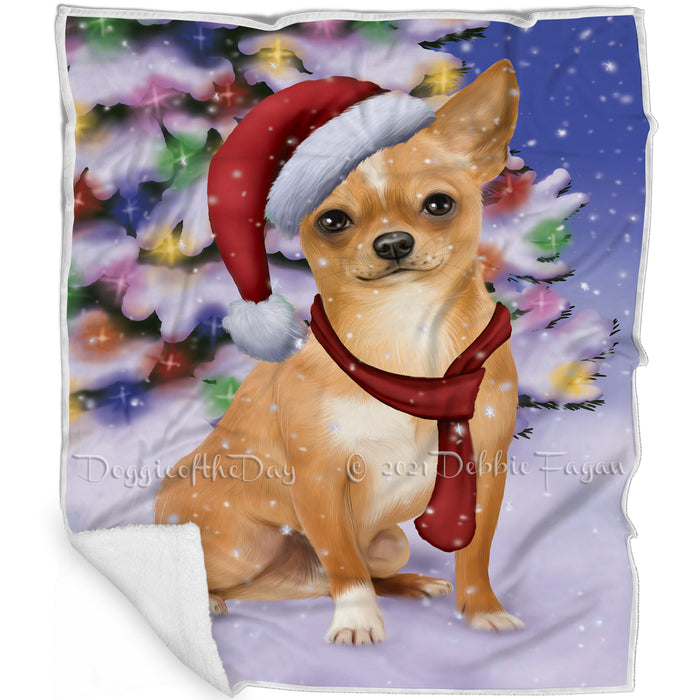 Winterland Wonderland Chihuahua Puppy Dog In Christmas Holiday Scenic Background Blanket