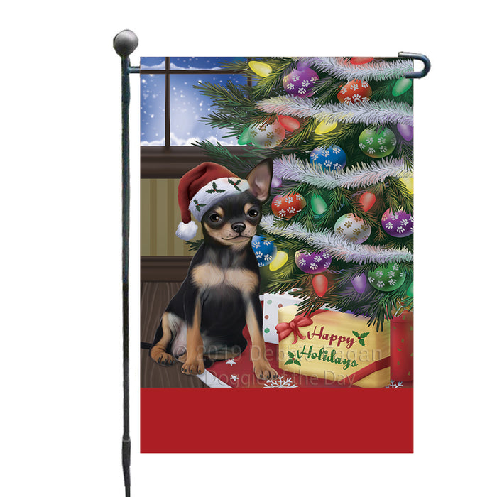 Personalized Christmas Happy Holidays Chihuahua Dog with Tree and Presents Custom Garden Flags GFLG-DOTD-A58614