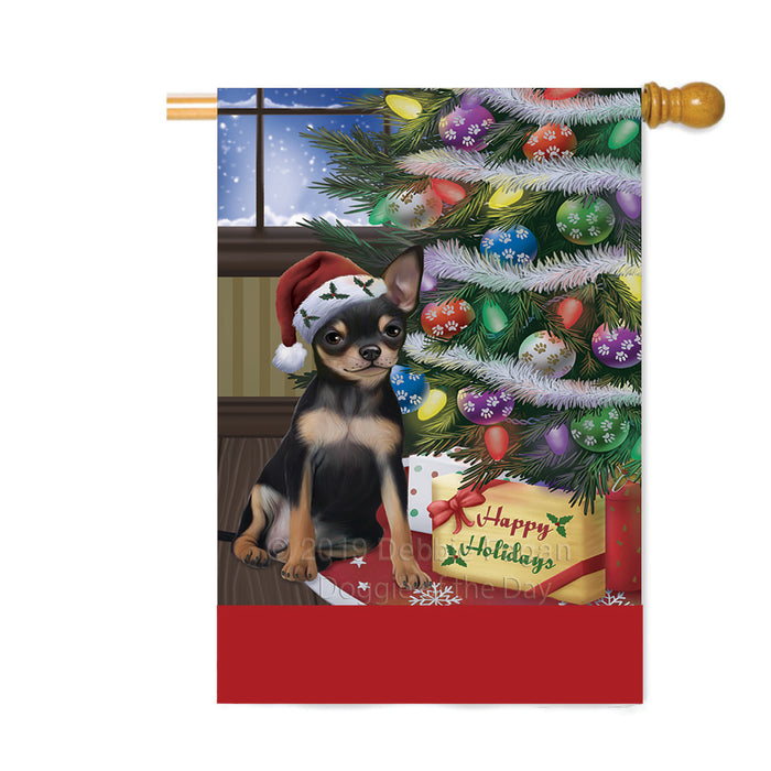 Personalized Christmas Happy Holidays Chihuahua Dog with Tree and Presents Custom House Flag FLG-DOTD-A58670