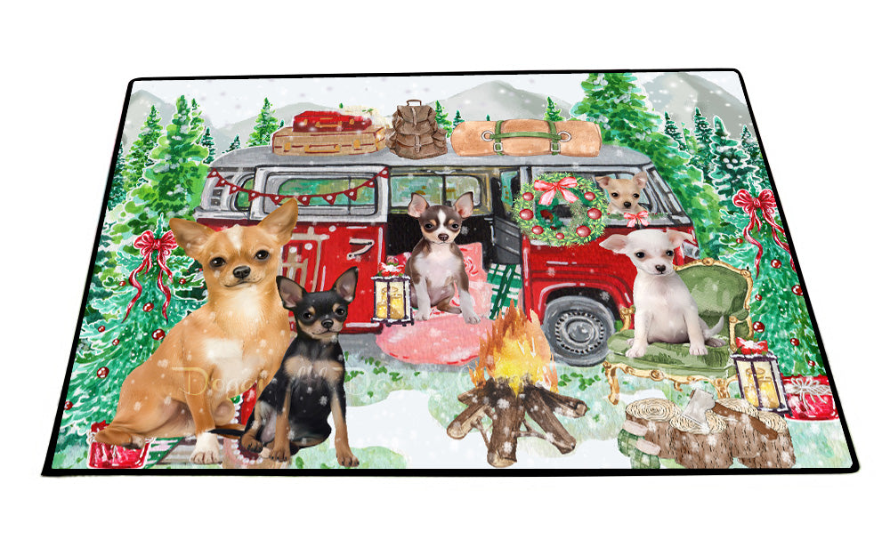 Christmas Time Camping with Chihuahua Dogs Floor Mat- Anti-Slip Pet Door Mat Indoor Outdoor Front Rug Mats for Home Outside Entrance Pets Portrait Unique Rug Washable Premium Quality Mat
