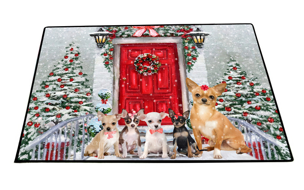 Christmas Holiday Welcome Chihuahua Dogs Floor Mat- Anti-Slip Pet Door Mat Indoor Outdoor Front Rug Mats for Home Outside Entrance Pets Portrait Unique Rug Washable Premium Quality Mat