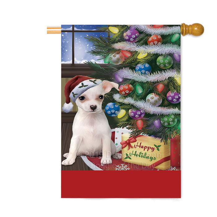 Personalized Christmas Happy Holidays Chihuahua Dog with Tree and Presents Custom House Flag FLG-DOTD-A58671