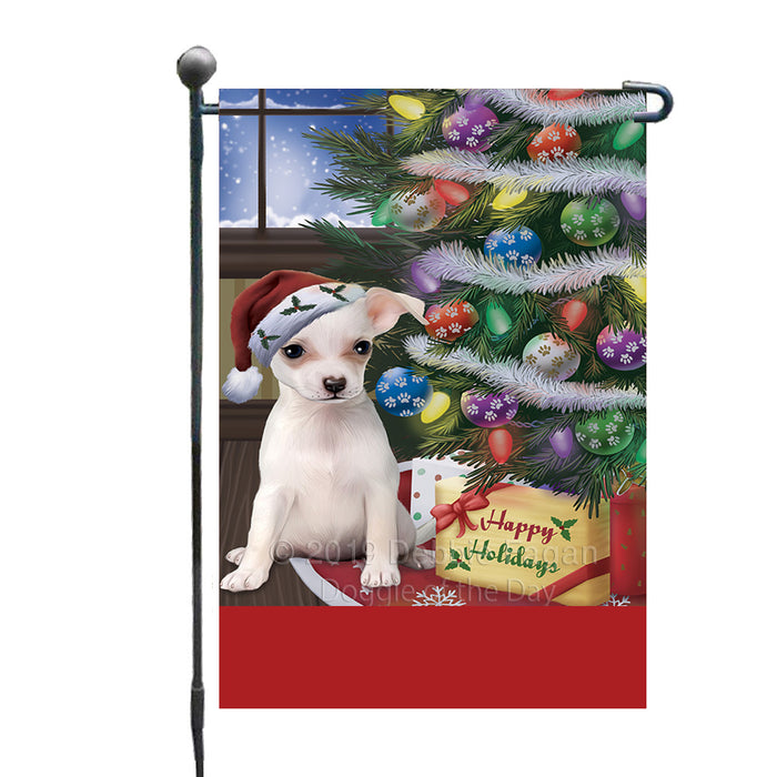 Personalized Christmas Happy Holidays Chihuahua Dog with Tree and Presents Custom Garden Flags GFLG-DOTD-A58615