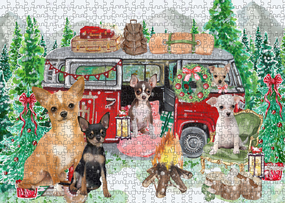 Christmas Time Camping with Chihuahua Dogs Portrait Jigsaw Puzzle for Adults Animal Interlocking Puzzle Game Unique Gift for Dog Lover's with Metal Tin Box