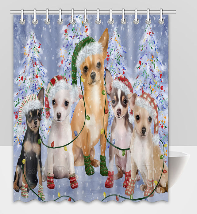 Christmas Lights and Chihuahua Dogs Shower Curtain Pet Painting Bathtub Curtain Waterproof Polyester One-Side Printing Decor Bath Tub Curtain for Bathroom with Hooks