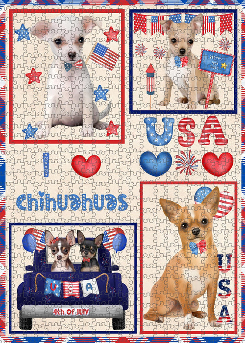 4th of July Independence Day I Love USA Chihuahua Dogs Portrait Jigsaw Puzzle for Adults Animal Interlocking Puzzle Game Unique Gift for Dog Lover's with Metal Tin Box