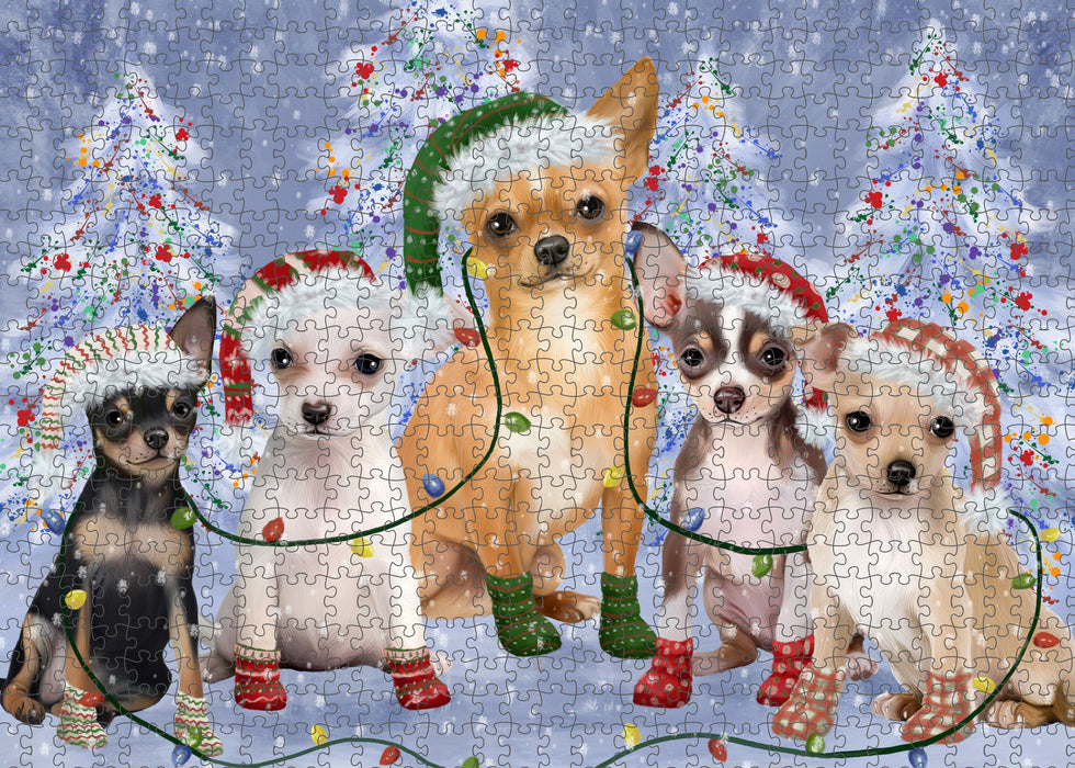 Christmas Lights and Chihuahua Dogs Portrait Jigsaw Puzzle for Adults Animal Interlocking Puzzle Game Unique Gift for Dog Lover's with Metal Tin Box