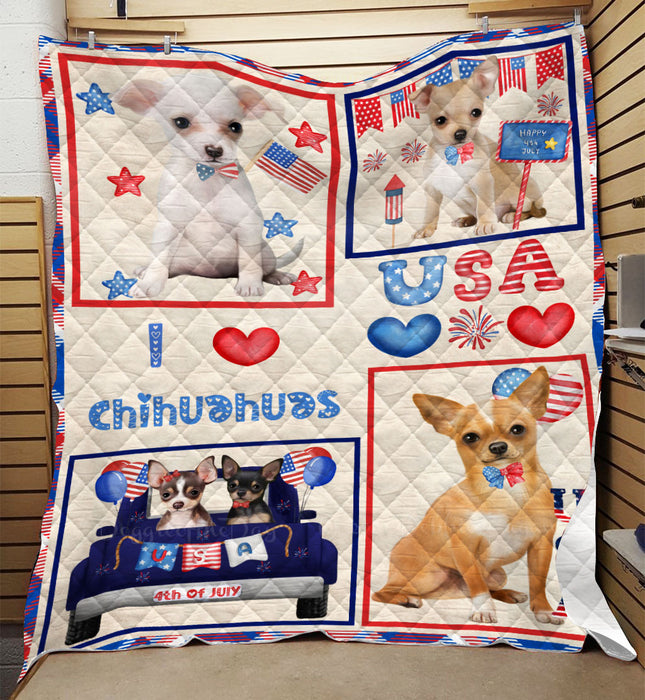 4th of July Independence Day I Love USA Chihuahua Dogs Quilt Bed Coverlet Bedspread - Pets Comforter Unique One-side Animal Printing - Soft Lightweight Durable Washable Polyester Quilt