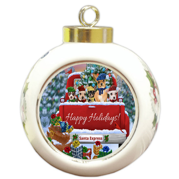 Christmas Red Truck Travlin Home for the Holidays Chihuahua Dogs Round Ball Christmas Ornament Pet Decorative Hanging Ornaments for Christmas X-mas Tree Decorations - 3" Round Ceramic Ornament