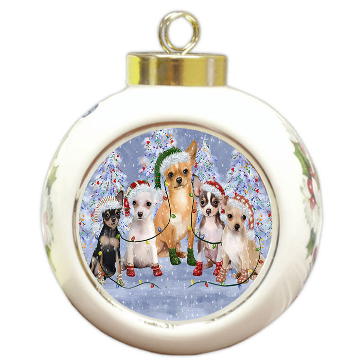 Christmas Lights and Chihuahua Dogs Round Ball Christmas Ornament Pet Decorative Hanging Ornaments for Christmas X-mas Tree Decorations - 3" Round Ceramic Ornament