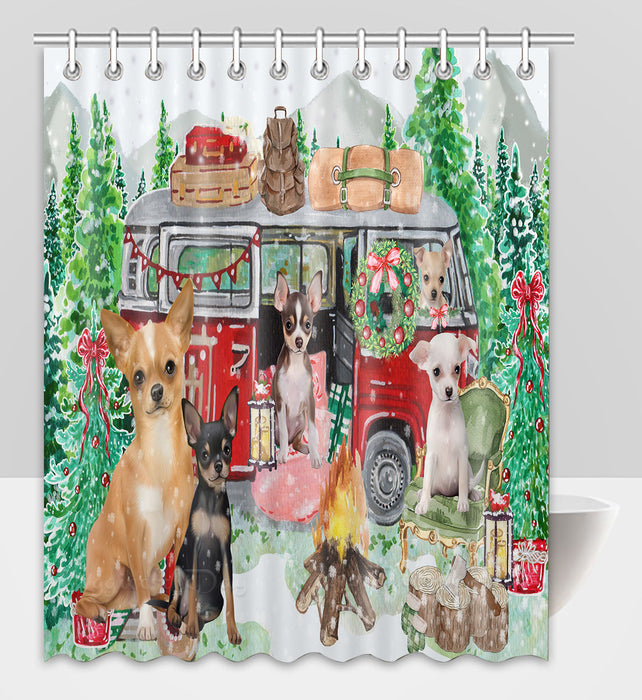 Christmas Time Camping with Chihuahua Dogs Shower Curtain Pet Painting Bathtub Curtain Waterproof Polyester One-Side Printing Decor Bath Tub Curtain for Bathroom with Hooks