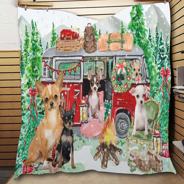 Christmas Time Camping with Chihuahua Dogs  Quilt Bed Coverlet Bedspread - Pets Comforter Unique One-side Animal Printing - Soft Lightweight Durable Washable Polyester Quilt
