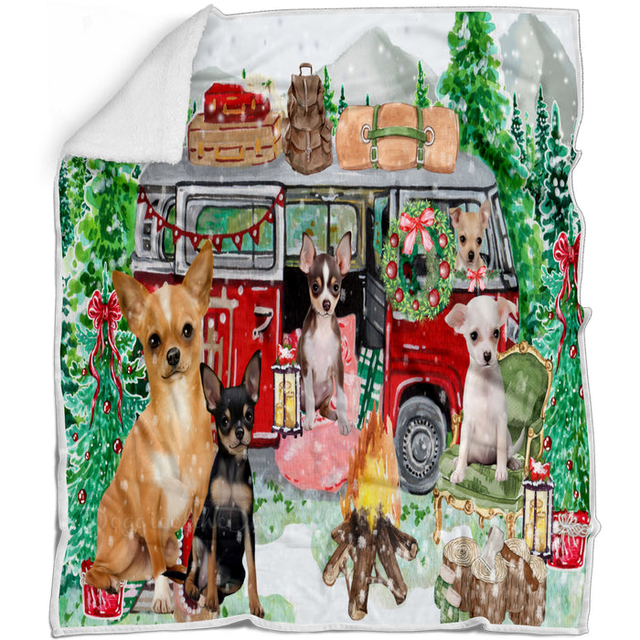 Christmas Time Camping with Chihuahua Dogs Blanket - Lightweight Soft Cozy and Durable Bed Blanket - Animal Theme Fuzzy Blanket for Sofa Couch