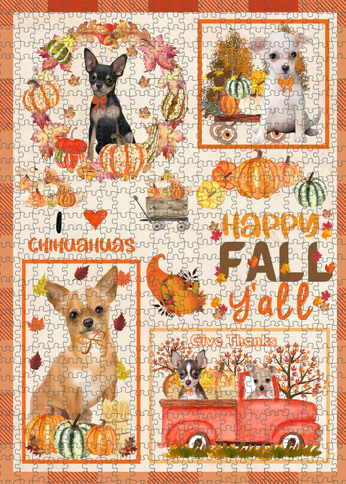 Happy Fall Y'all Pumpkin Chihuahua Dogs Portrait Jigsaw Puzzle for Adults Animal Interlocking Puzzle Game Unique Gift for Dog Lover's with Metal Tin Box