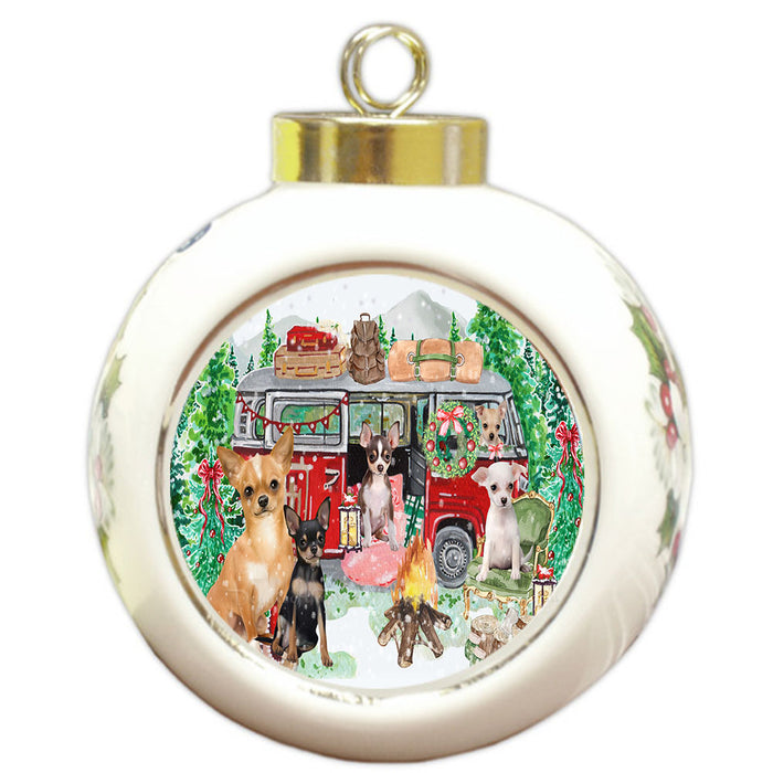 Christmas Time Camping with Chihuahua Dogs Round Ball Christmas Ornament Pet Decorative Hanging Ornaments for Christmas X-mas Tree Decorations - 3" Round Ceramic Ornament