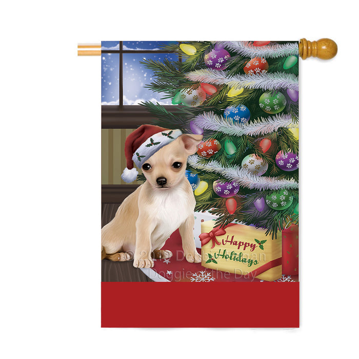 Personalized Christmas Happy Holidays Chihuahua Dog with Tree and Presents Custom House Flag FLG-DOTD-A58672