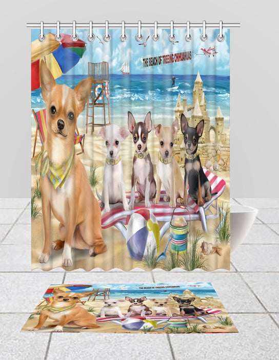 Pet Friendly Beach Chihuahua Dogs Bath Mat and Shower Curtain Combo