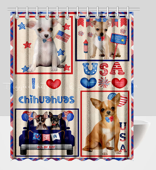 4th of July Independence Day I Love USA Chihuahua Dogs Shower Curtain Pet Painting Bathtub Curtain Waterproof Polyester One-Side Printing Decor Bath Tub Curtain for Bathroom with Hooks