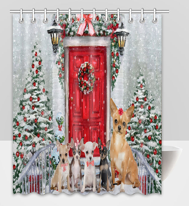 Christmas Holiday Welcome Chihuahua Dogs Shower Curtain Pet Painting Bathtub Curtain Waterproof Polyester One-Side Printing Decor Bath Tub Curtain for Bathroom with Hooks