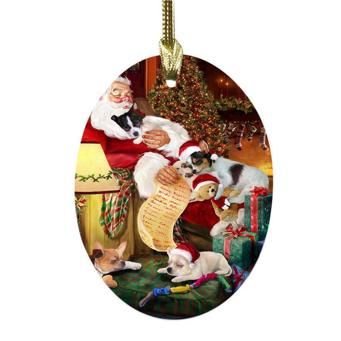 Chihuahuas Dog and Puppies Sleeping with Santa Oval Glass Christmas Ornament OGOR49268