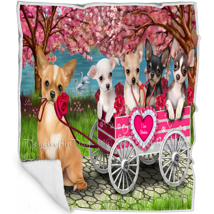 I Love Chihuahua Dogs in a Cart Art Portrait Print Woven Throw Sherpa Plush Fleece Blanket