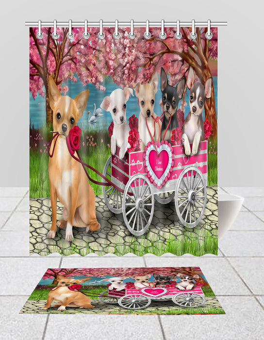 I Love Chihuahua Dogs in a Cart Bath Mat and Shower Curtain Combo