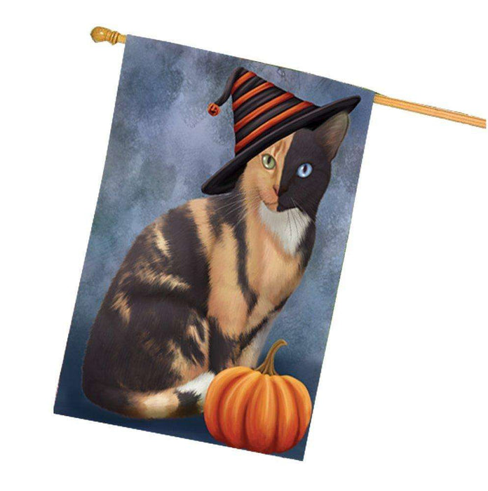 Chimera Cat Wearing Witch Hat with Pumpkin House Flag