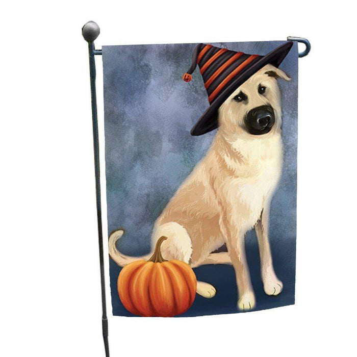 Chinook Dog Wearing Witch Hat with Pumpkin Garden Flag