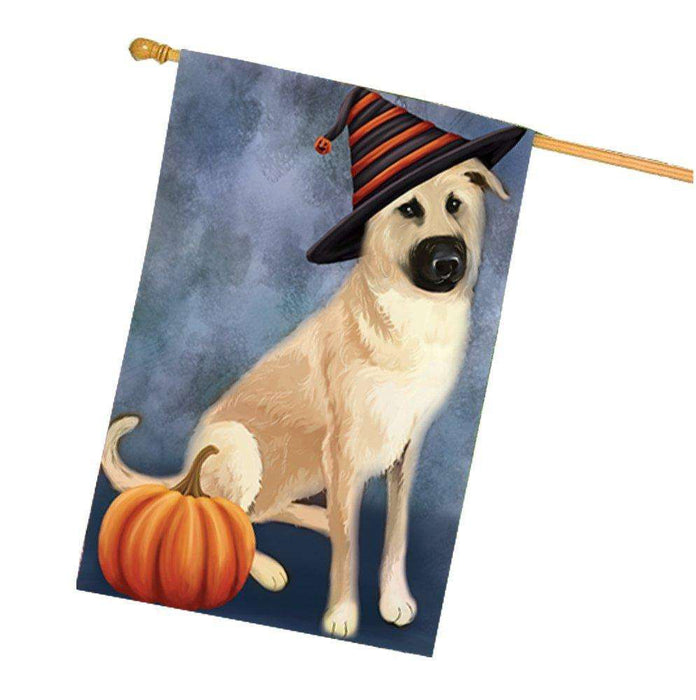 Chinook Dog Wearing Witch Hat with Pumpkin House Flag