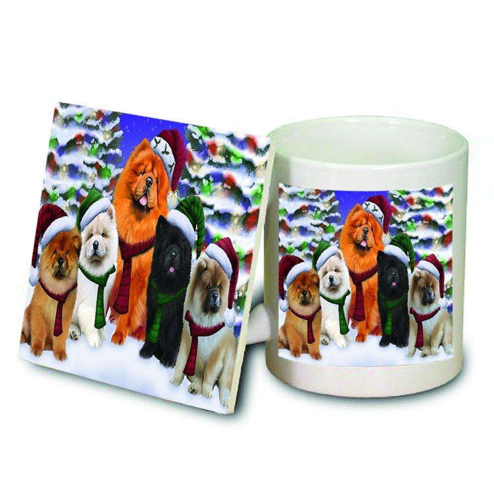 Chow Chow Dog Christmas Family Portrait in Holiday Scenic Background Mug and Coaster Set
