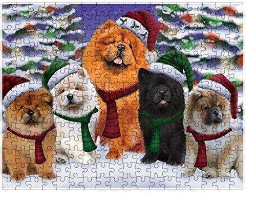 Chow Chow Dog Christmas Family Portrait in Holiday Scenic Background Puzzle with Photo Tin D142