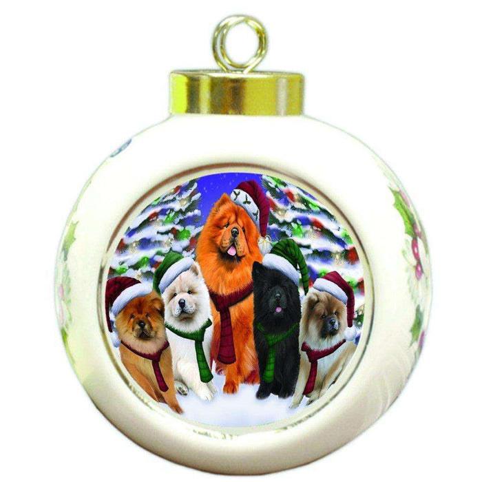 Chow Chow Dog Christmas Family Portrait in Holiday Scenic Background Round Ball Ornament D163