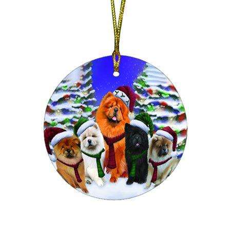 Chow Chow Dog Christmas Family Portrait in Holiday Scenic Background Round Ornament D163