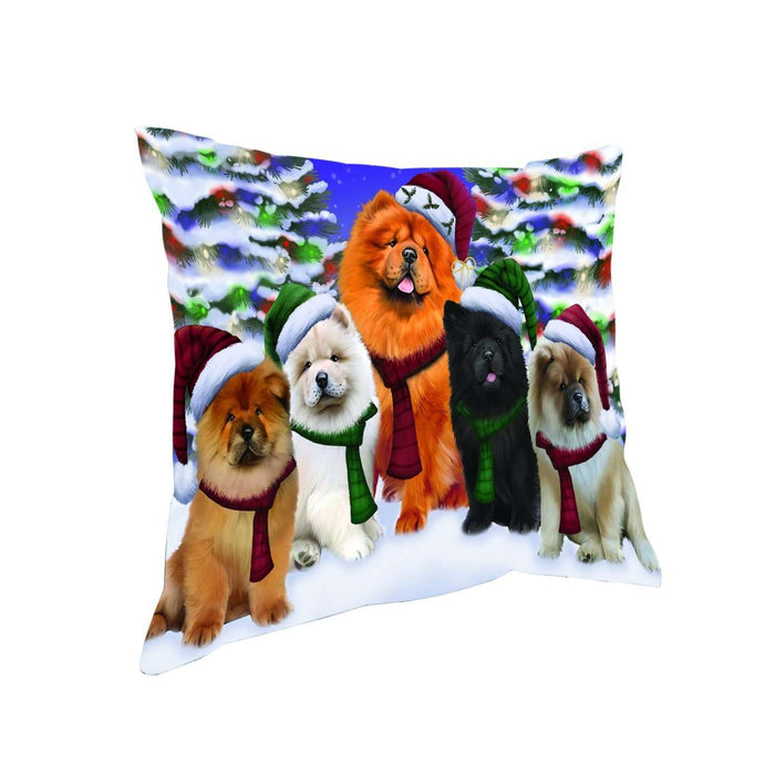 Chow Chow Dog Christmas Family Portrait in Holiday Scenic Background Throw Pillow