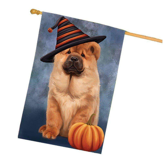 Chow Chow Dog Wearing Witch Hat with Pumpkin House Flag