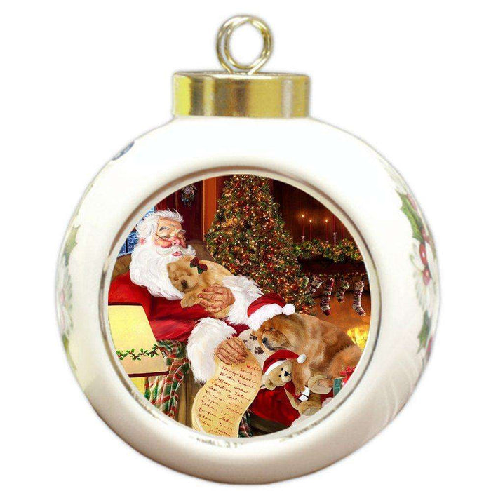 Chow Chow Painting Dog and Puppies Sleeping with Santa Round Ball Christmas Ornament D427