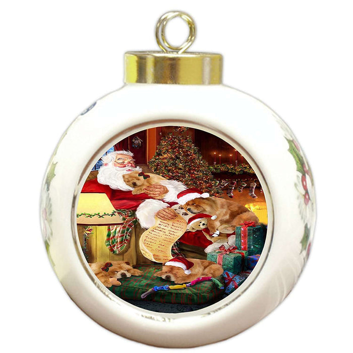 Chow Chow Painting Dog and Puppies Sleeping with Santa Round Ball Christmas Ornament