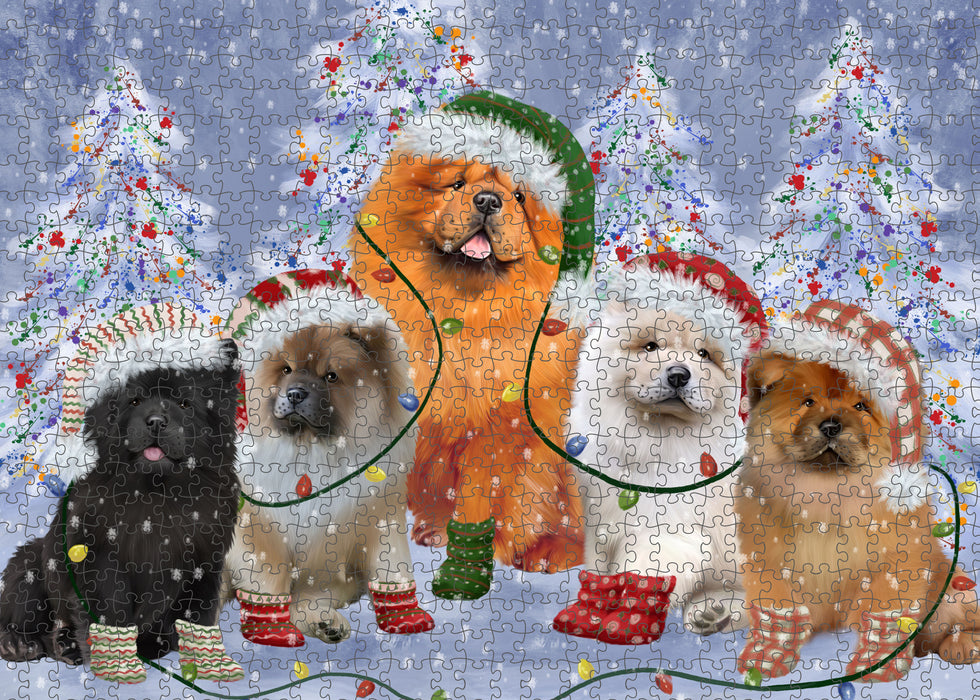 Christmas Lights and Chow Chow Dogs Portrait Jigsaw Puzzle for Adults Animal Interlocking Puzzle Game Unique Gift for Dog Lover's with Metal Tin Box