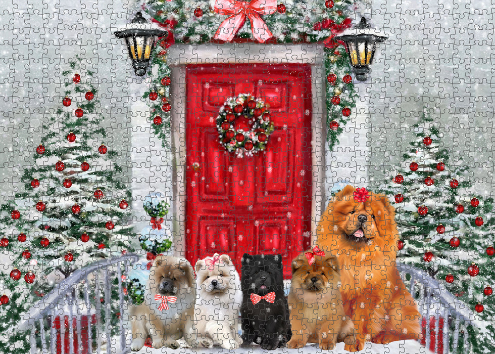 Christmas Holiday Welcome Chow Chow Dogs Portrait Jigsaw Puzzle for Adults Animal Interlocking Puzzle Game Unique Gift for Dog Lover's with Metal Tin Box