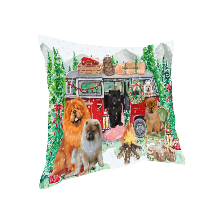 Christmas Time Camping with Chow Chow Dogs Pillow with Top Quality High-Resolution Images - Ultra Soft Pet Pillows for Sleeping - Reversible & Comfort - Ideal Gift for Dog Lover - Cushion for Sofa Couch Bed - 100% Polyester