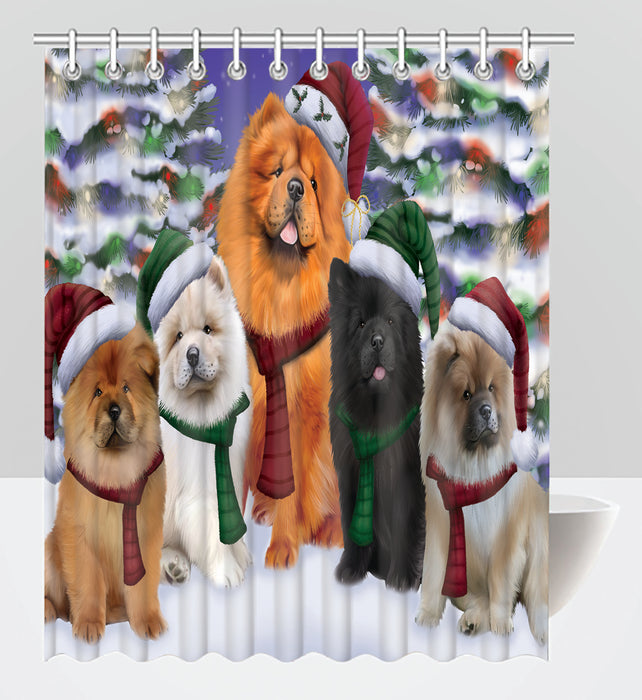 Chow Chow Dogs Christmas Family Portrait in Holiday Scenic Background Shower Curtain
