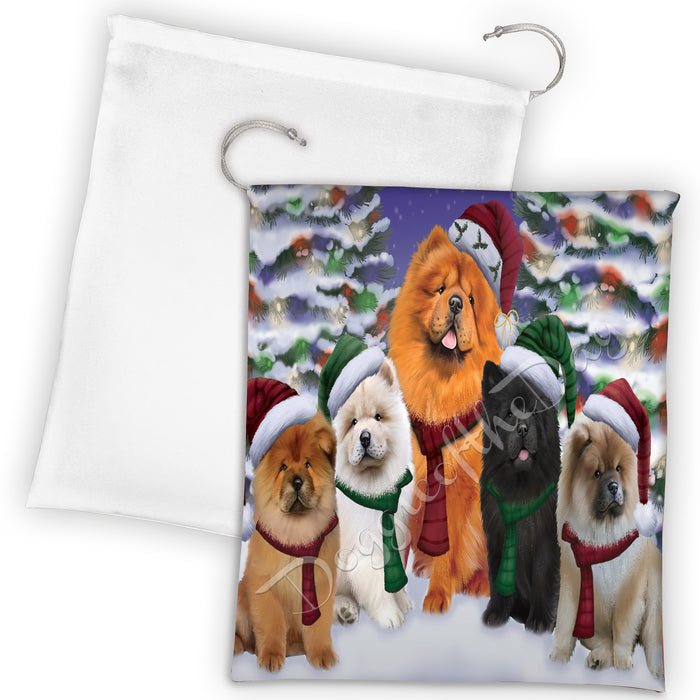 Chow Chow Dogs Christmas Family Portrait in Holiday Scenic Background Drawstring Laundry or Gift Bag LGB48133