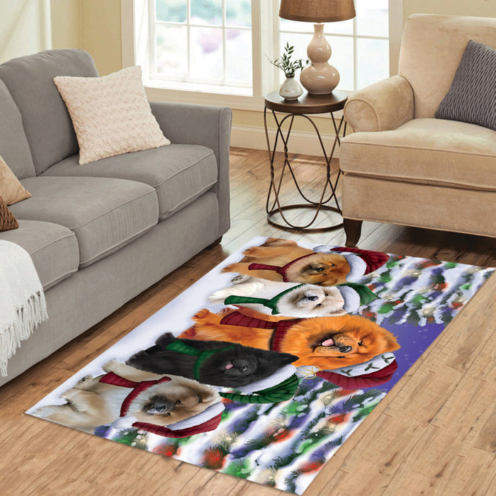 Chow Chow Dogs Christmas Family Portrait in Holiday Scenic Background Area Rug
