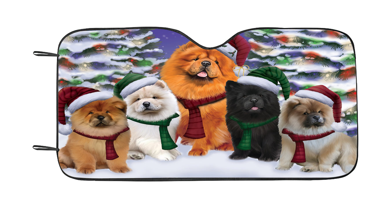 Chow Chow Dogs Christmas Family Portrait in Holiday Scenic Background Car Sun Shade