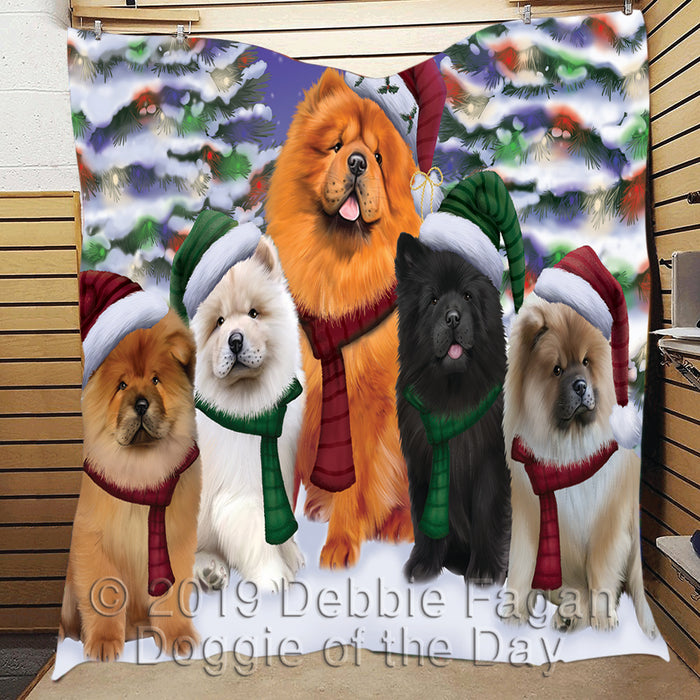 Chow Chow Dogs Christmas Family Portrait in Holiday Scenic Background Quilt