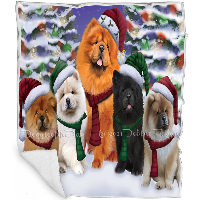 Chow Chow Dog Christmas Family Portrait in Holiday Scenic Background Art Portrait Print Woven Throw Sherpa Plush Fleece Blanket